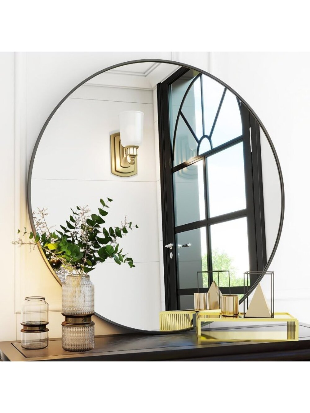 30” Black Round Bathroom Mirror with Thin Metal Frame - Stylish Wall Decor